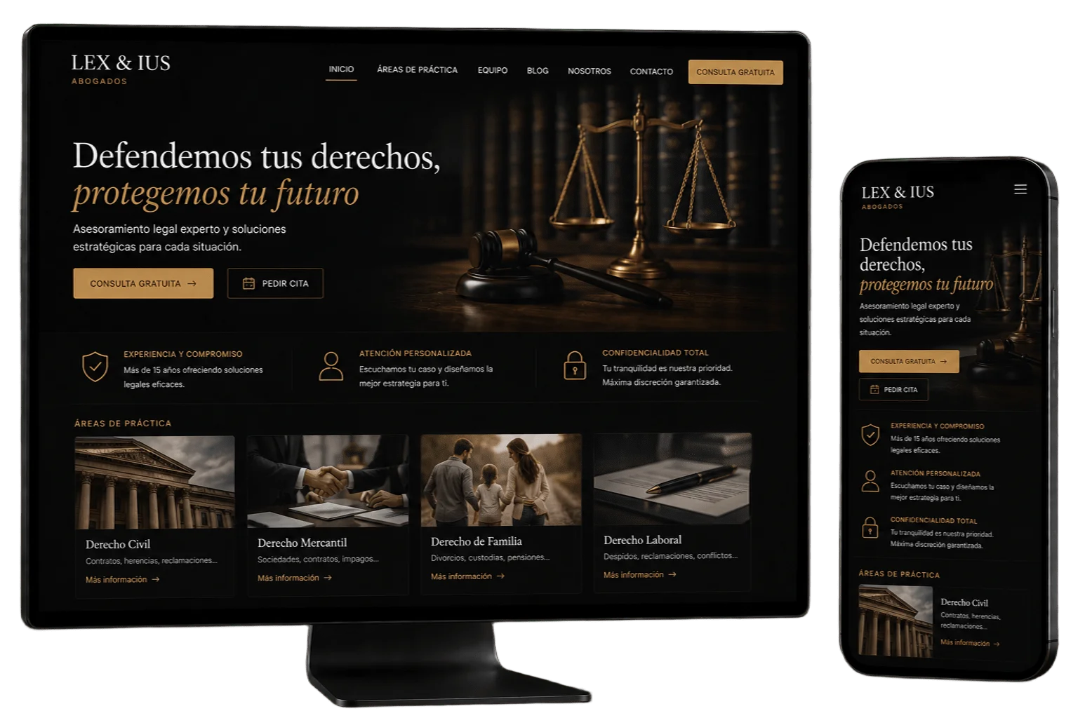 Ejemplo de web de despacho de abogados diseñada por Wymper – desktop y móvil