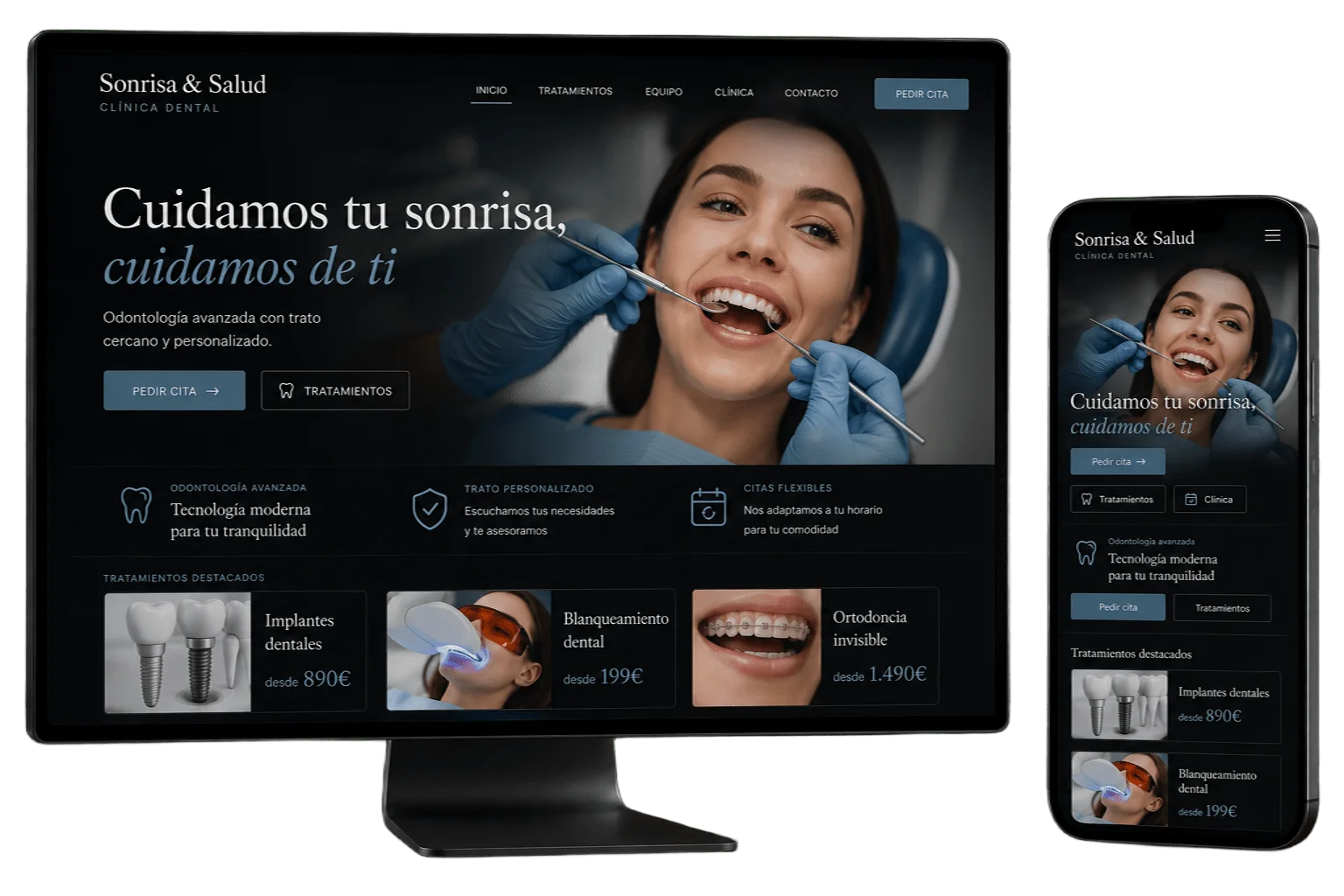 Ejemplo de web de clínica dental diseñada por Wymper – desktop y móvil