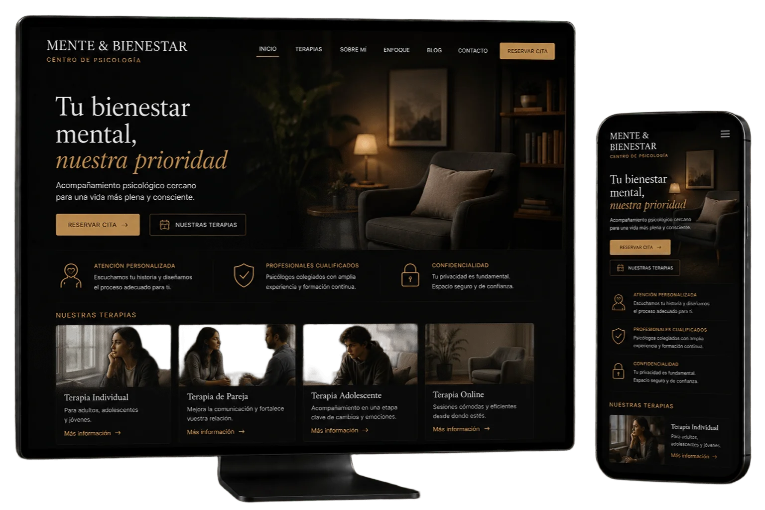 Ejemplo de web para psicólogo diseñada por Wymper – desktop y móvil